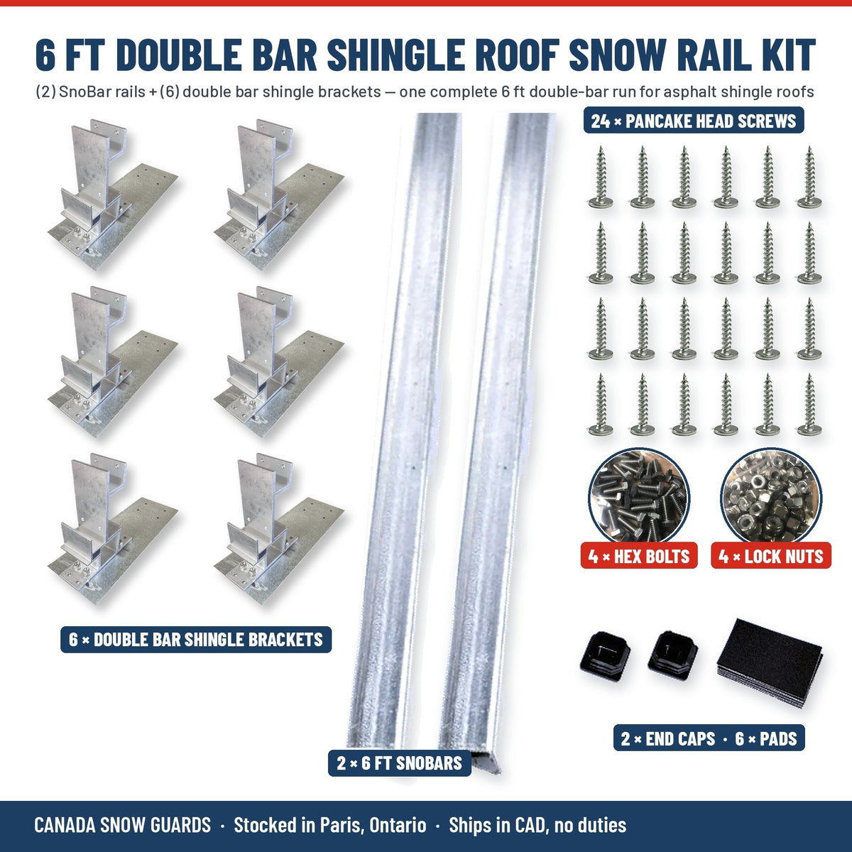 6 ft Double Bar Shingle Roof Snow Rail Kit – (2) SnoBars + (6) Double Bar Shingle Brackets (Canada)