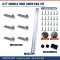 6 ft shingle roof snow rail kit contents: 6 ft SnoBar rail, 6 shingle brackets, 24 pancake head screws, 4 hex bolts, 4 lock nuts, 2 end caps, 6 pads