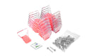 Set of clear plastic Snowguards with screws, and a small packet of wipes on a white background