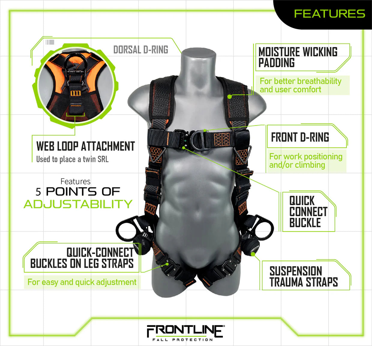 Harnais gilet complet Frontline 105CFTB Combat™ – Anneaux en D avant et latéraux + sangles anti-trauma | ANSI